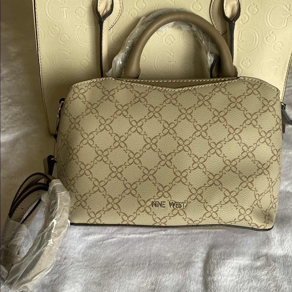 Nine West Cream And Tan Satchel With Gold Hardware